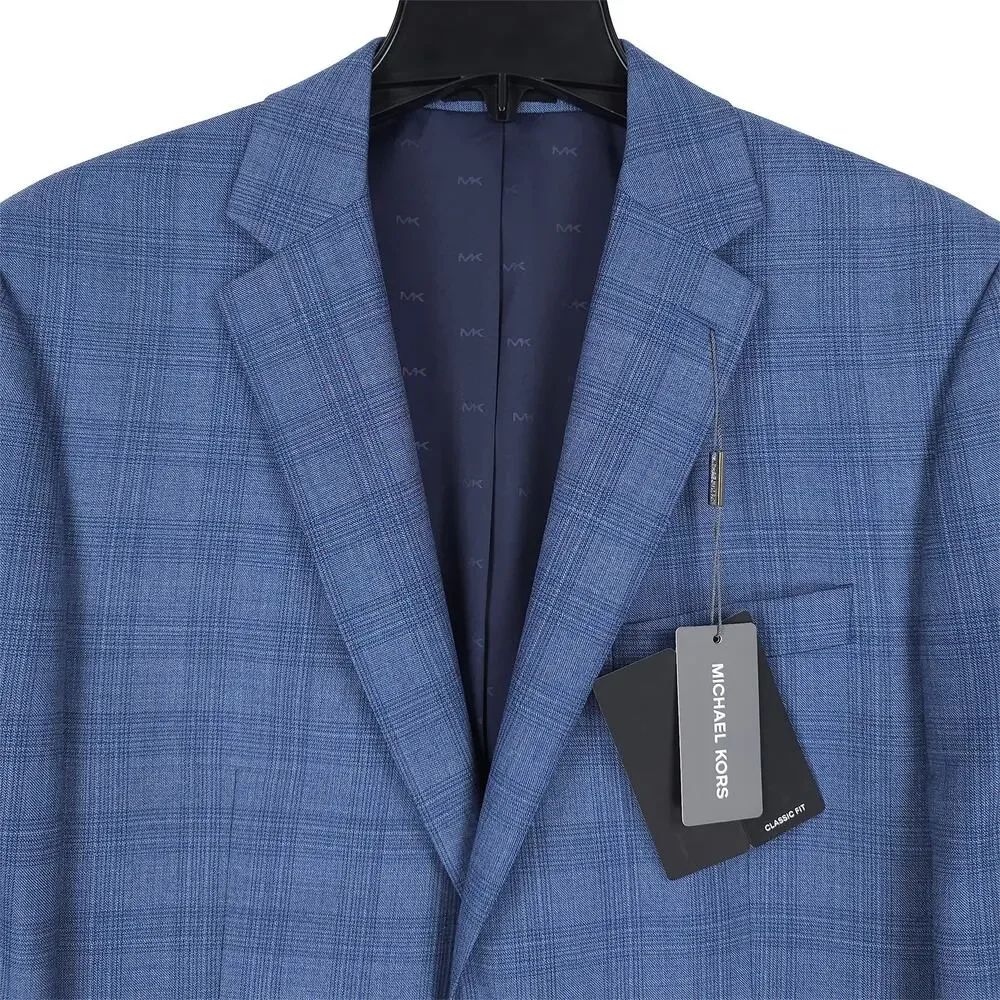 Michael Kors Mens Classic Fit Suit Jacket Blazer 40S Blue Plaid Stretch Wool NWT